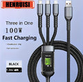 100W Fast Charging Cable Black Nylon 3-in-1