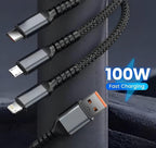 100W Fast Charging Cable Black Nylon 3-in-1
