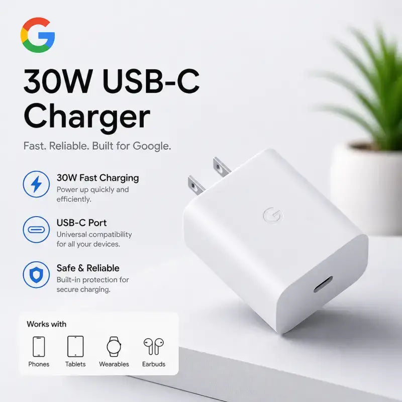 Google 30W USB-C Fast Charger with Type-C Cable | PD Fast Charging Wall Adapter | Universal USB-C Charging Adapter for Google Devices