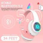 Cat Ear Bluetooth Headphones Pink with LED Lights